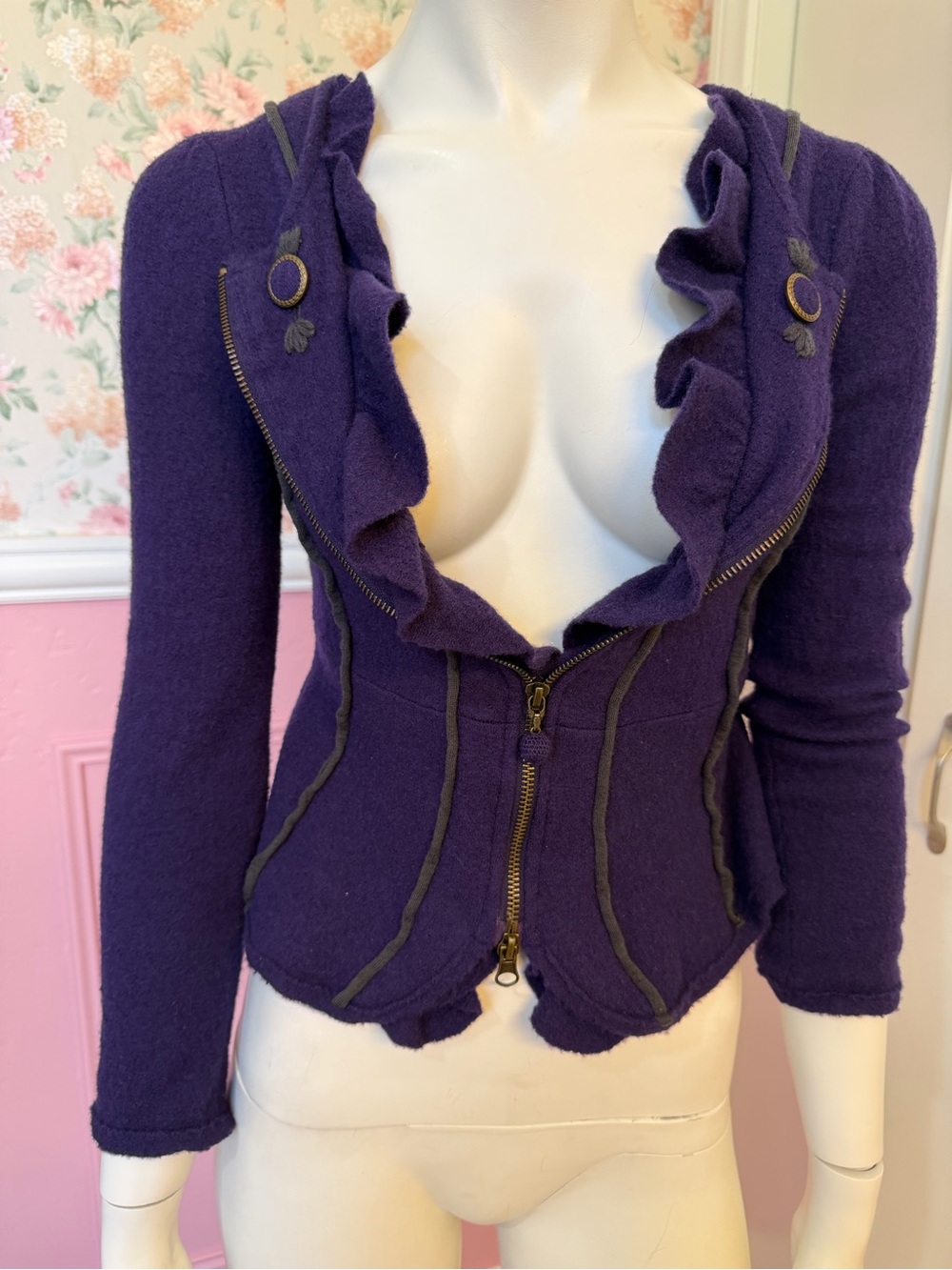 Wool Purple Ruffle Zip-Front Women's Sweater Jacket